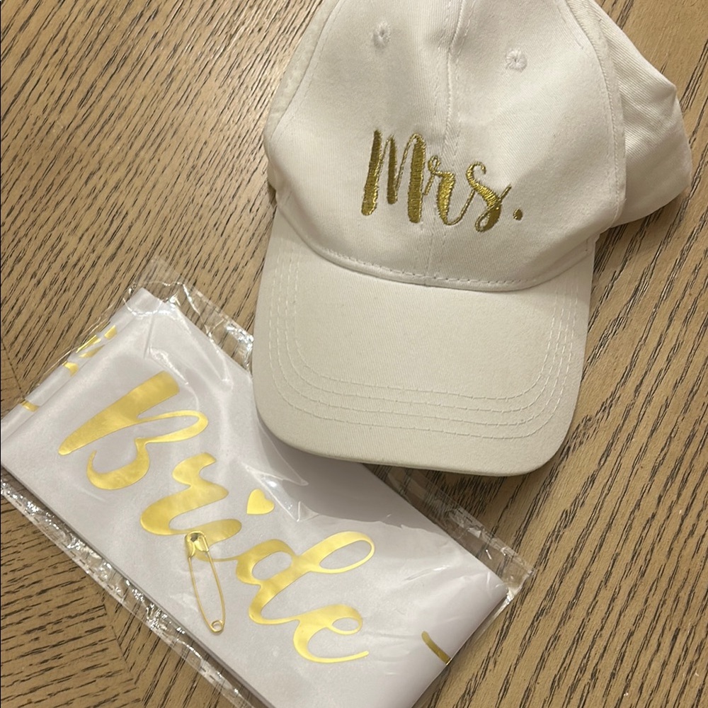 White and Gold 'Mrs.' Cap and 'Bride' Sash